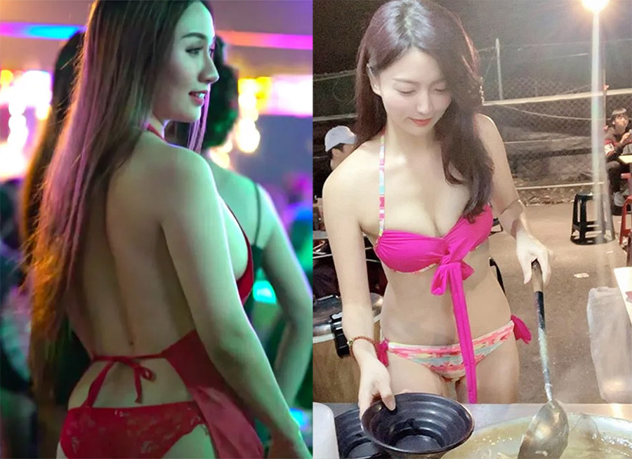 Gái xinh mặc bikini tiếp khách khiến ai nấy cũng không cần ăn đã đủ no